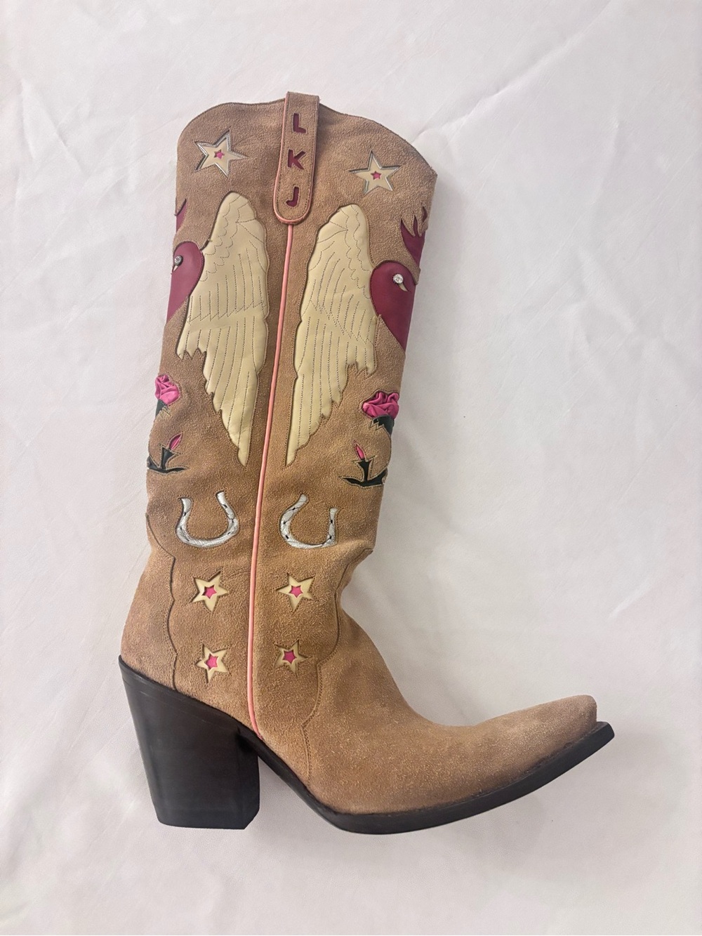 Liberty Boot Co. Tan Suede Western Heeled Boots with Pink & Cream Embroidery